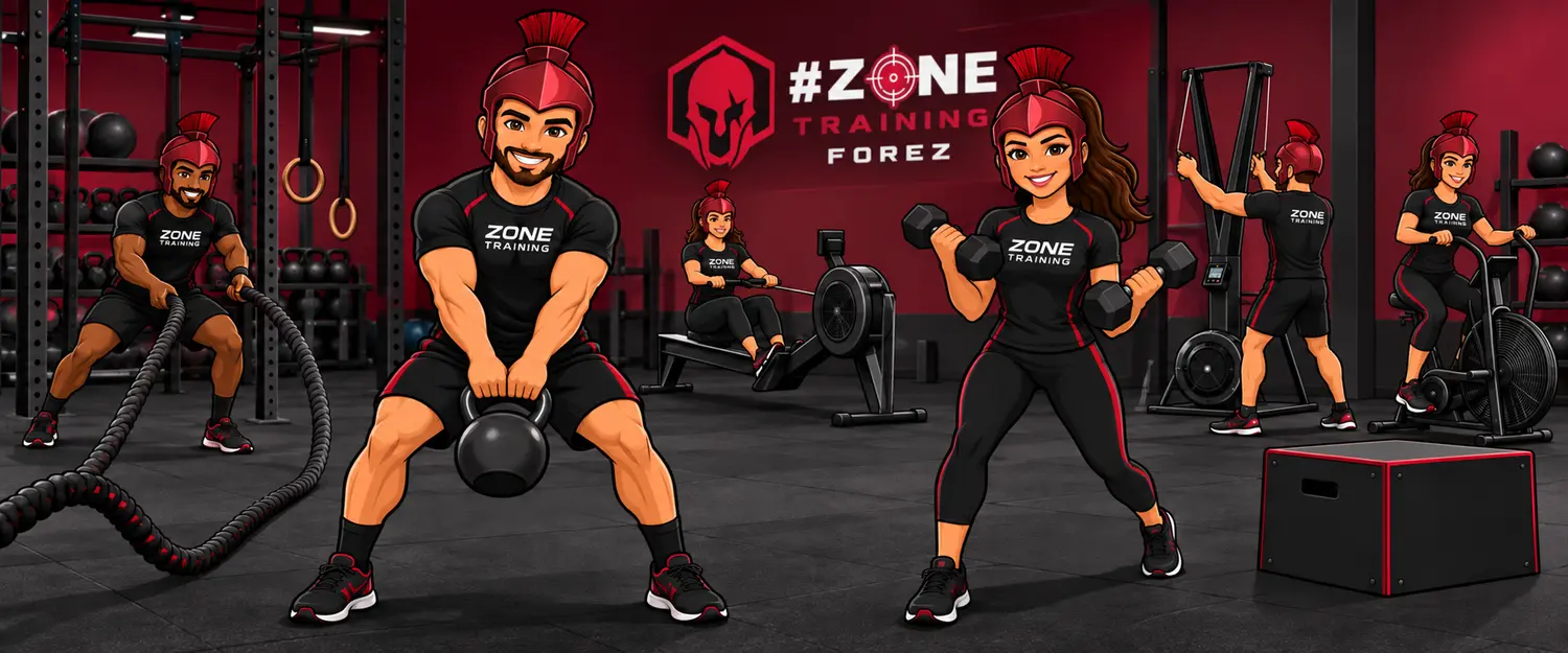 Les mascottes spartiates Zone Training Forez s'entraînent ensemble : kettlebell, haltères, cordes, rameur, SkiErg et AirBike.